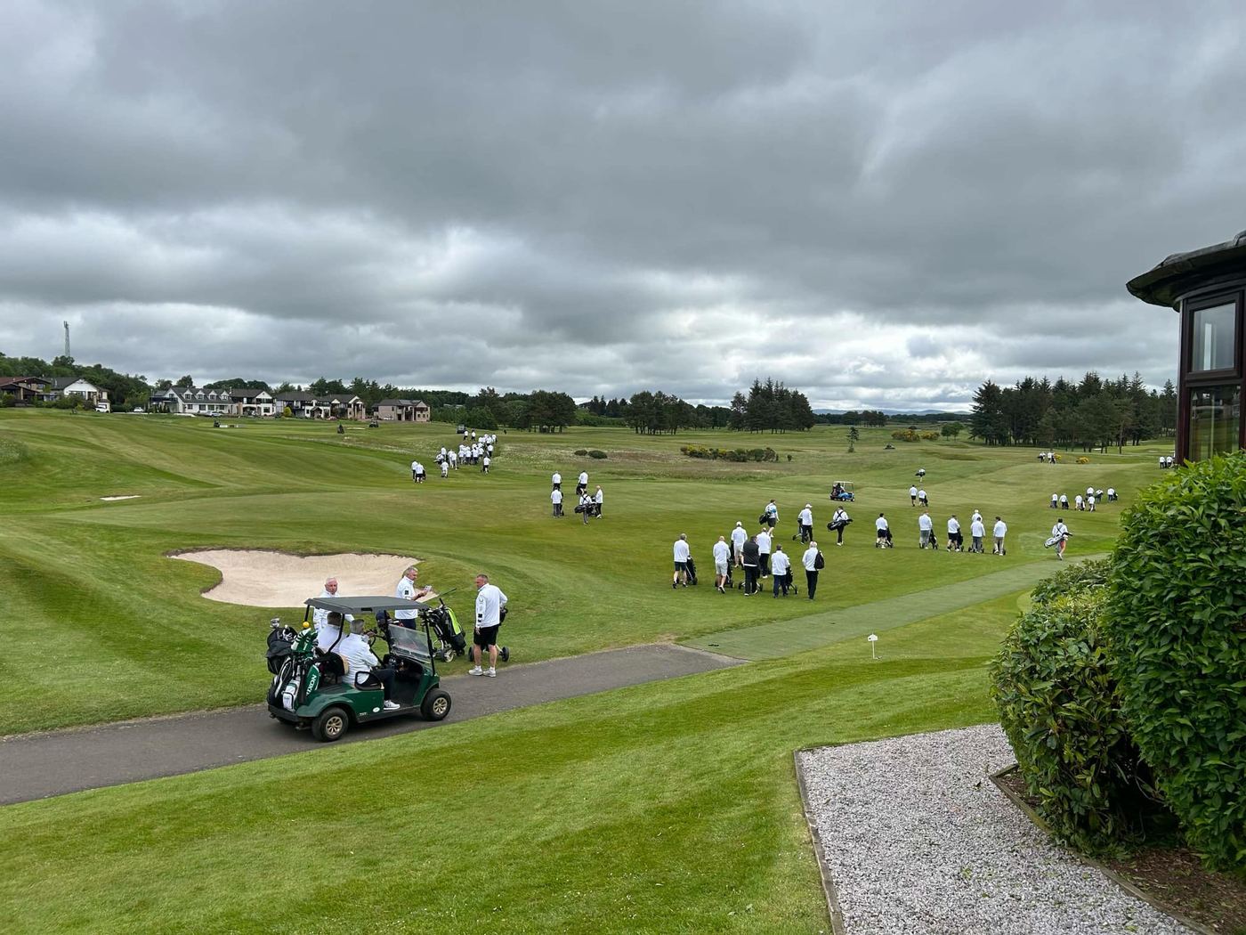 Golfers and a buggy on a green, tree-lined course